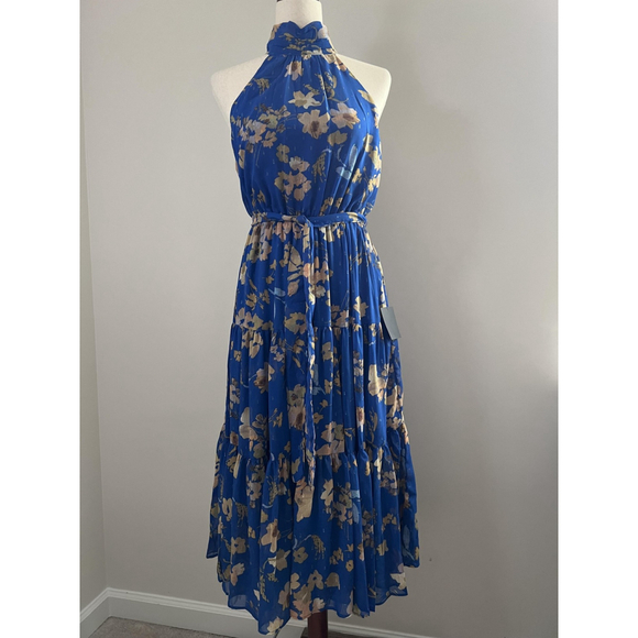 Lulus Dress XS Blue Floral Halter Neck Tiered Midi Belted Boho Whimsy Wedding - Picture 1 of 13